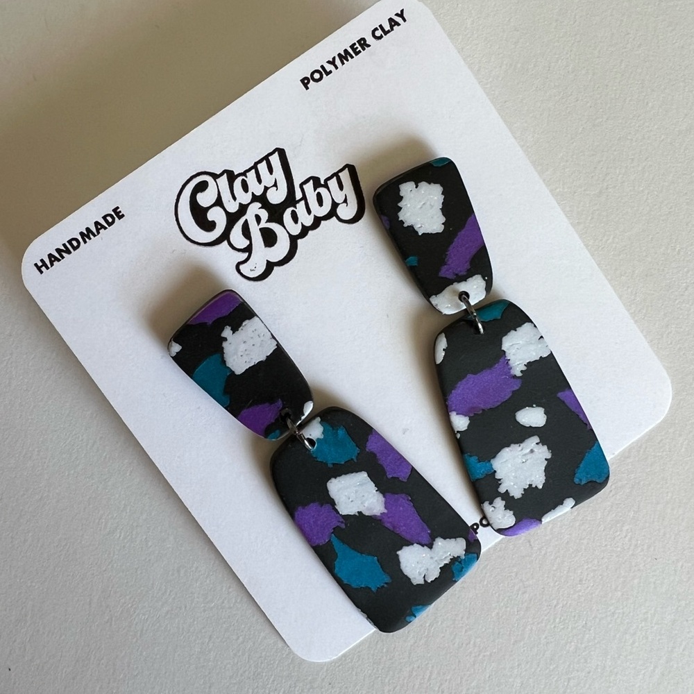 Handmade Polymer Clay Geometric Terrazzo Black White Teal Purple Earrings